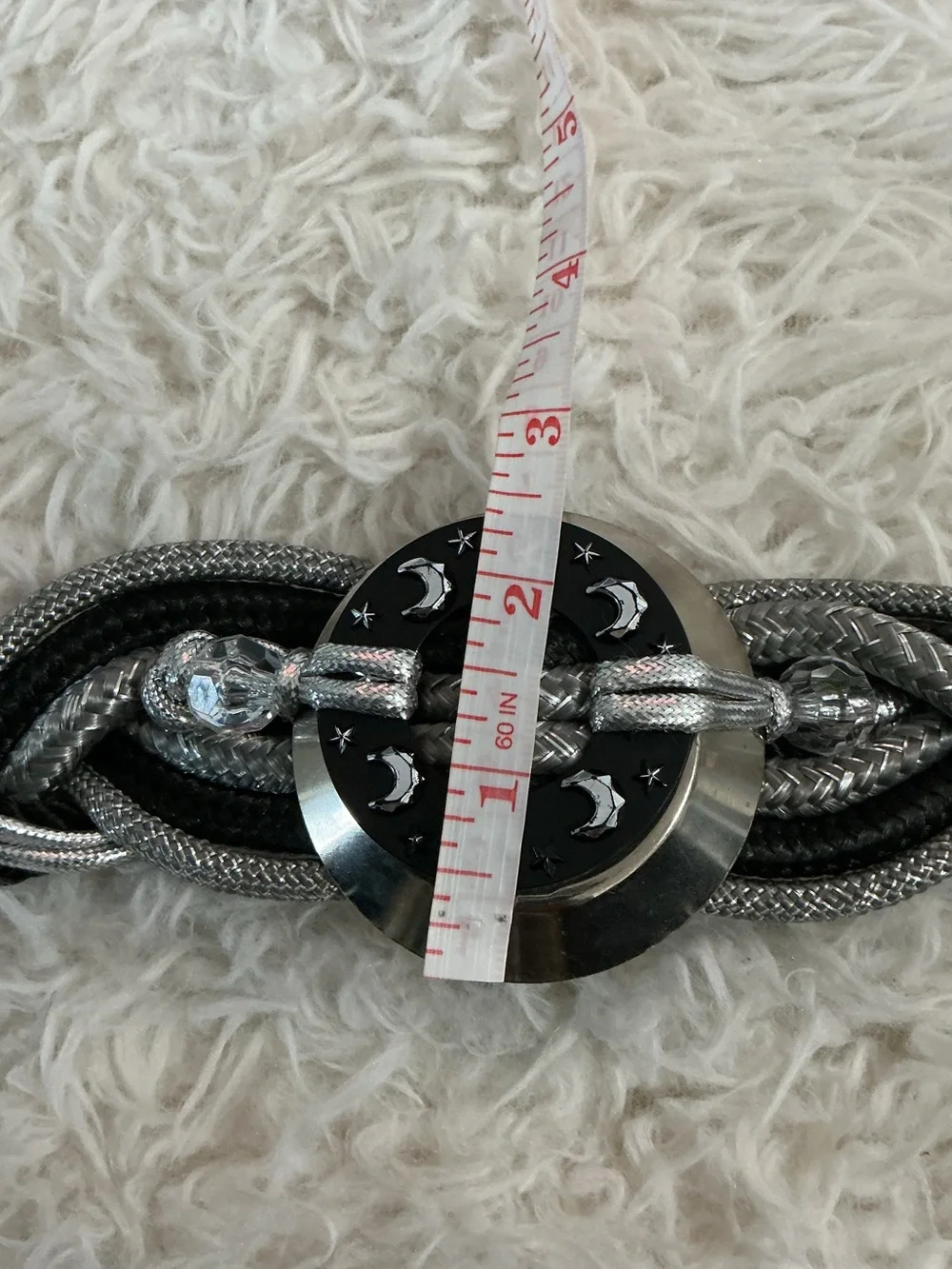 Vintage 80s Black Braided Macrame Belt Chunky Medallion Boho Star & Moon M/L